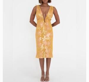Rumored Paradise Silk Lurex Midi Dress Small S NWT Golden Hour Floral Chiffon